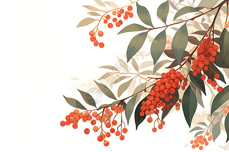 小红果树枝上的红果插画