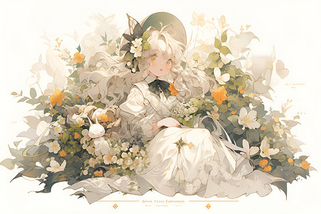 花卉中的女孩背景图片