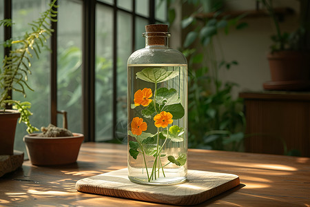 透明瓶子素材水瓶上的花朵背景