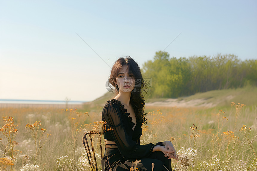 坐在田野的优雅女人图片