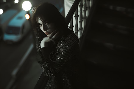 黑暗中手扶栏杆的女人背景图片