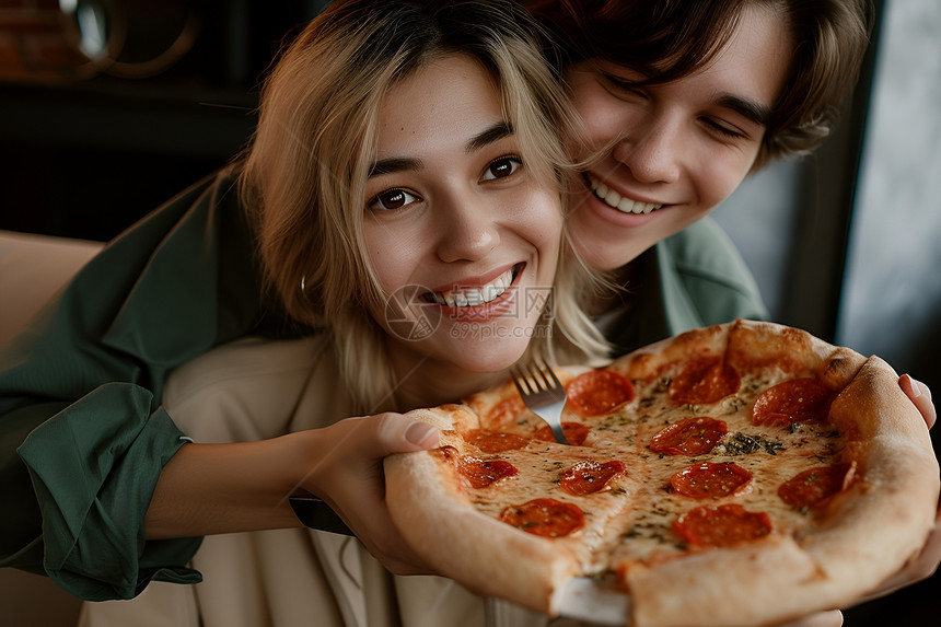 幸福夫妻共享比萨图片