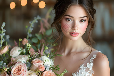 拿着鲜花的美丽新娘背景图片