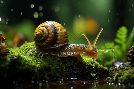 雨中动物雨中森林中一只蜗牛背景