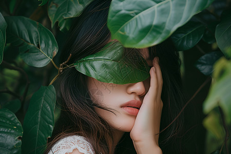 女子用树叶遮挡脸部背景图片