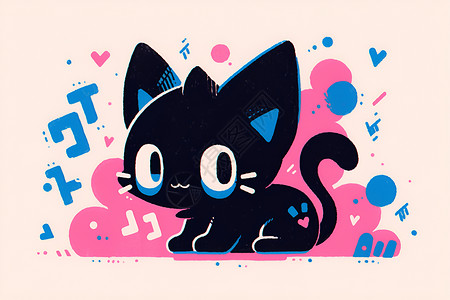 设计黑色粉色中的黑猫插画