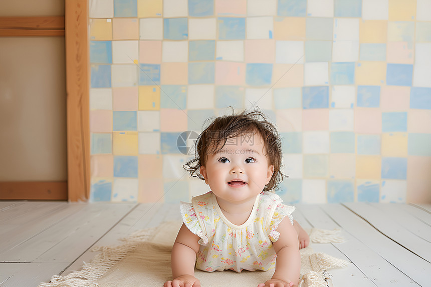 开心的宝宝在房间的地毯上图片