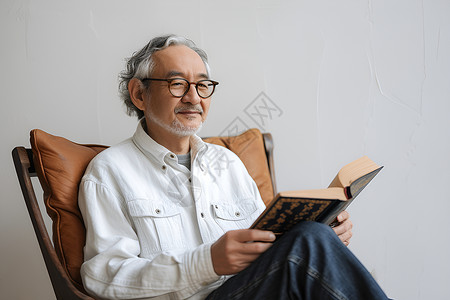 一个文雅的老人坐在椅子上读书高清图片