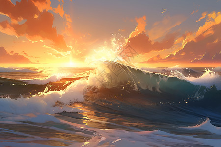 金色海浪阳光下的海洋插画