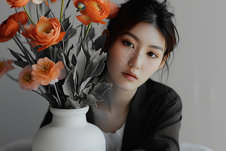 魅力亚洲女性与花瓶背景图片