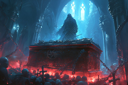 游戏梦幻素材森林中一个男子站在棺材上插画