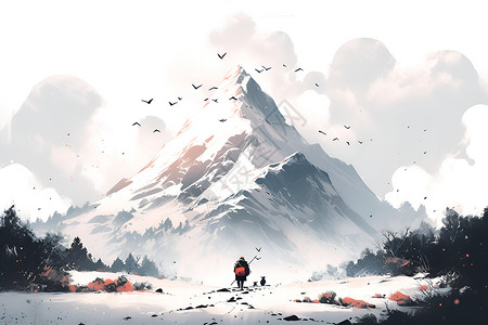 雪中式雪山中的旅行者插画