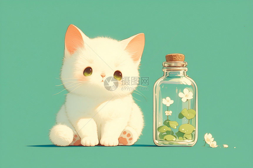 小白猫与瓶子的极简艺术图片