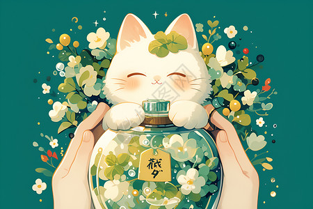 瓶子草瓶中猫与幸运草插画