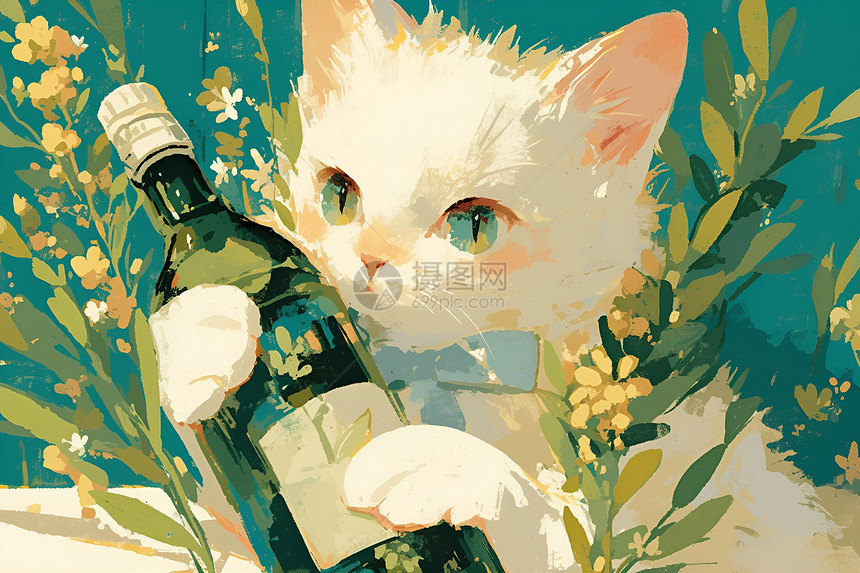白猫手持瓶子图片