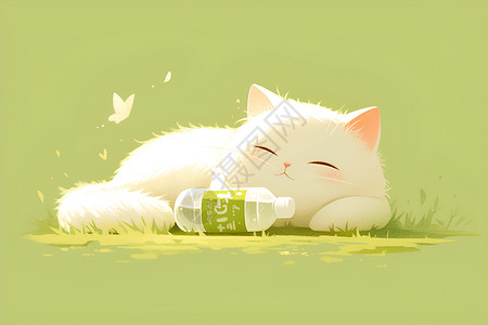 卡通瓶子白猫伴着瓶子插画