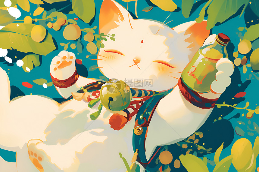 白猫手持瓶子在草地上图片