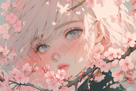 樱花动漫梦幻少女在樱花树下插画