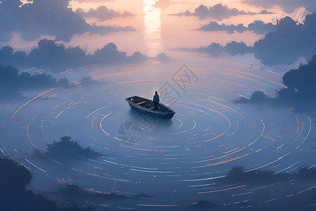 日出雾湖面上的一艘孤独小船插画