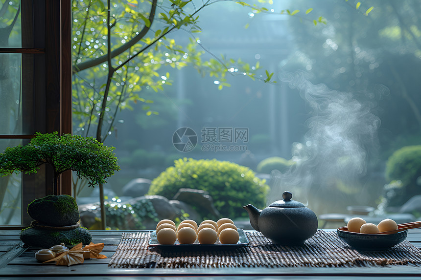 茶香四溢园内静谧品茗图片