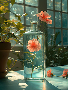 插在花瓶里花玻璃瓶在阳光下设计图片