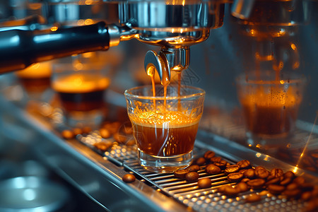咖啡机将咖啡倾入玻璃杯高清图片