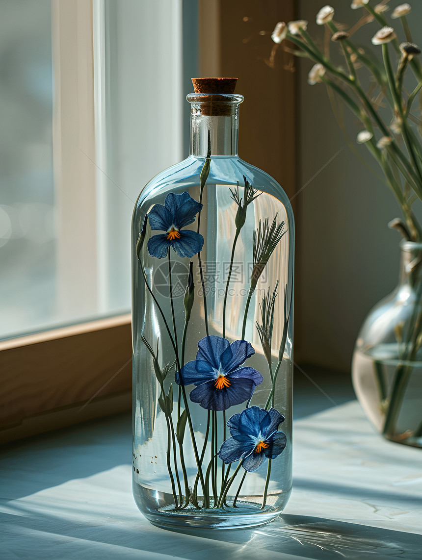 玻璃瓶中的艺术花朵图片
