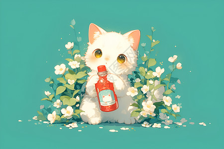 爱宠萌宠白猫坐在花草丛中插画
