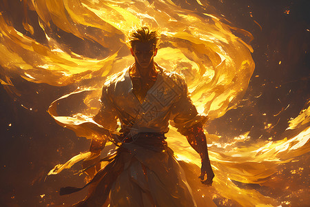火焰来保护身体黄光下的男子插画