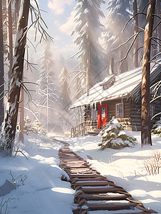 冬日林中的小屋背景图片