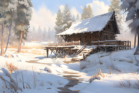 雪中林间的小屋背景图片