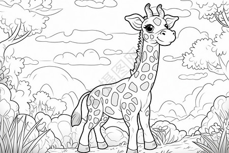 页面线条素材填色游戏长颈鹿插画