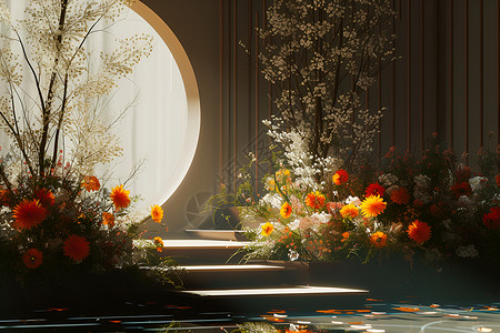 花朵中的圆形窗景高清图片