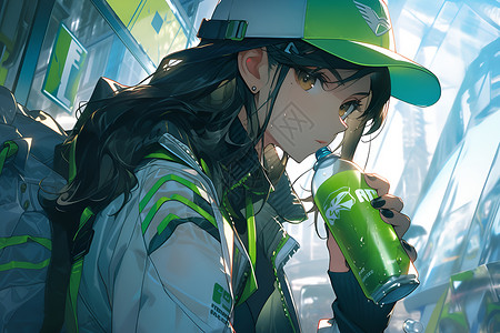 女孩喝绿饮品背景图片