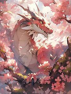 樱花树上栖息的粉色龙背景图片