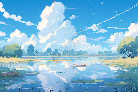 湖畔美景插画背景图片