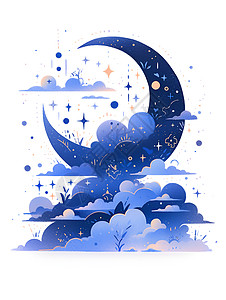 星星月牙星海的月亮插画