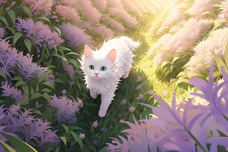 小白猫闲逛在花草插画