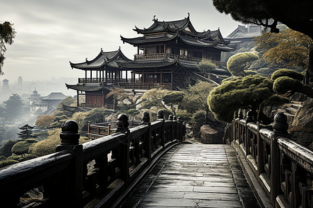 云雾弥漫的庙宇背景图片