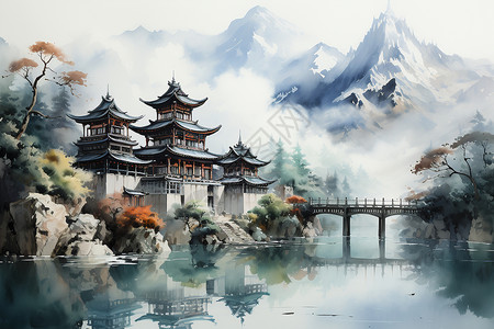 传统寺庙水彩画背景图片