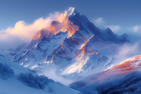 高山之巅飘着雪的山峰背景图片