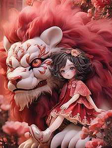 少女和狮头背景图片
