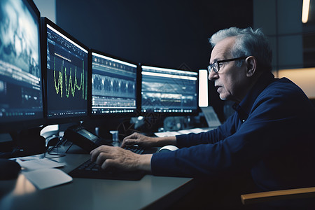 股票交易员交易员专注地看着电脑屏幕设计图片