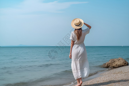 户外帽子海边徜徉的女子背景