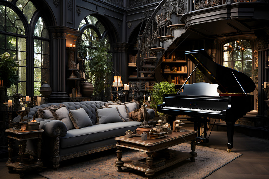 书房中的钢琴和沙发图片