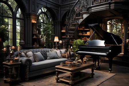 书房中的钢琴和沙发背景图片