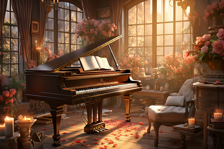钢琴家居素材阳光照在钢琴上背景
