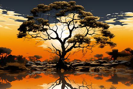 泸沽湖夕阳映照夕阳映照下的树影插画
