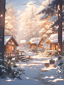 冬季森林中的小屋背景图片
