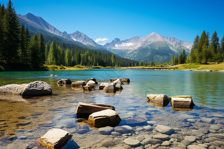 蔚蓝岩石字效湖光山色的自然风光背景